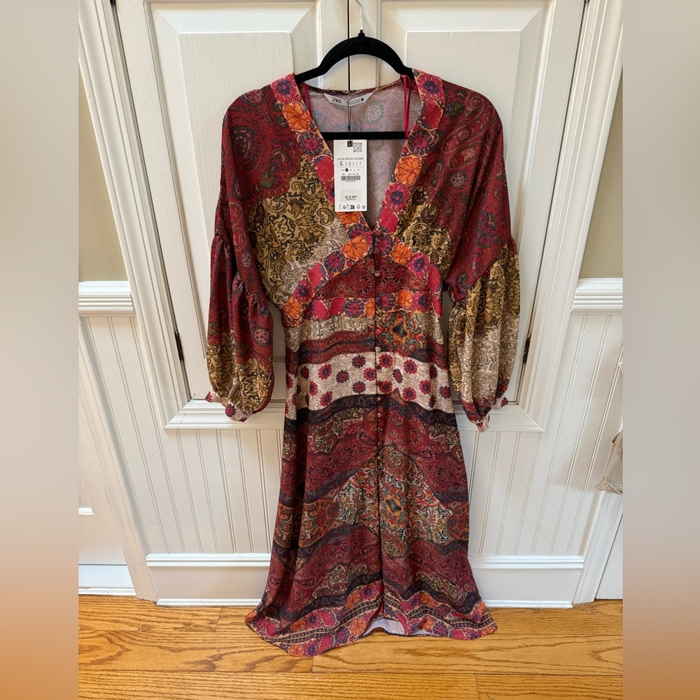 Zara Burgundy Multi-Color Patchwork Midi Dress